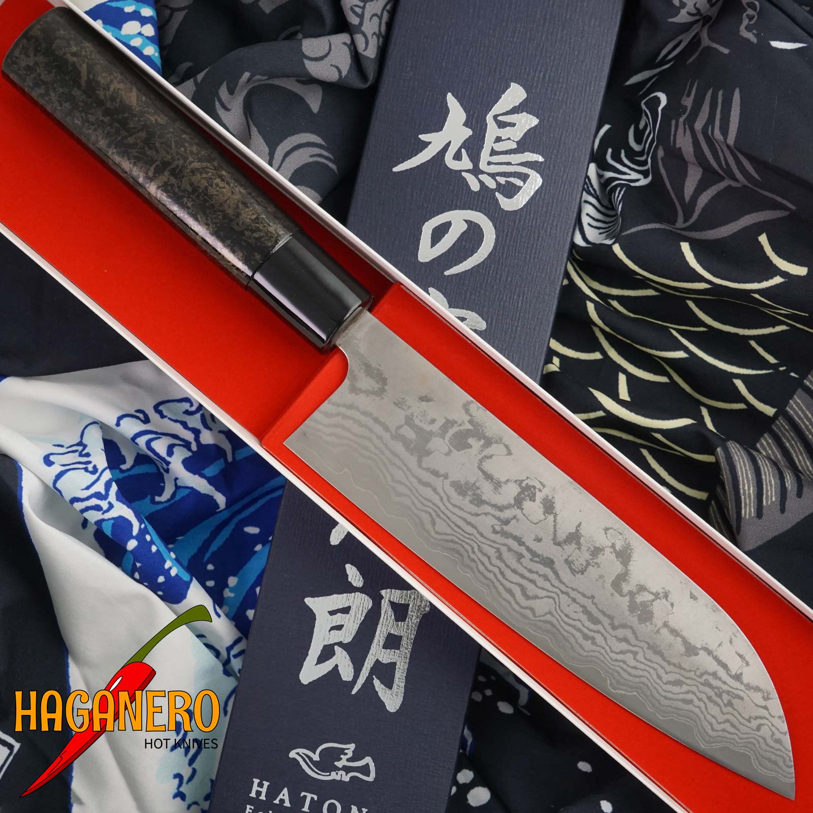 Santoku Japanese kitchen knife Kenshiro Hatono VG10 Damascus, Japanese lacquer KH-A 17cm